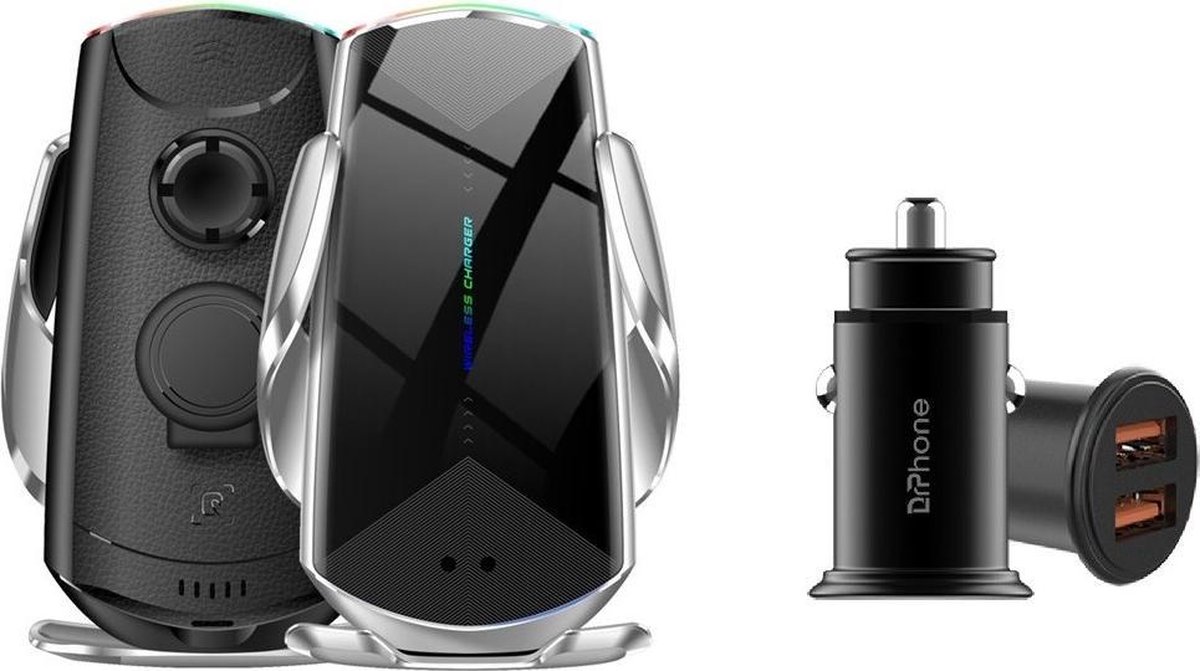 DrPhone Smart Sensor V10 - Qi Draadloze Autolader – Auto oplader – Autohouder - Infrarood Ventilatierooster - Draadloos – Geschikt voor o.a. iPhone / Samsung - Zilver- voor iPhone 13 / 12 / Samsung S21 / Note 20