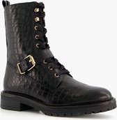 TwoDay leren dames croco veterboots - Zwart - Maat 40 - Echt leer