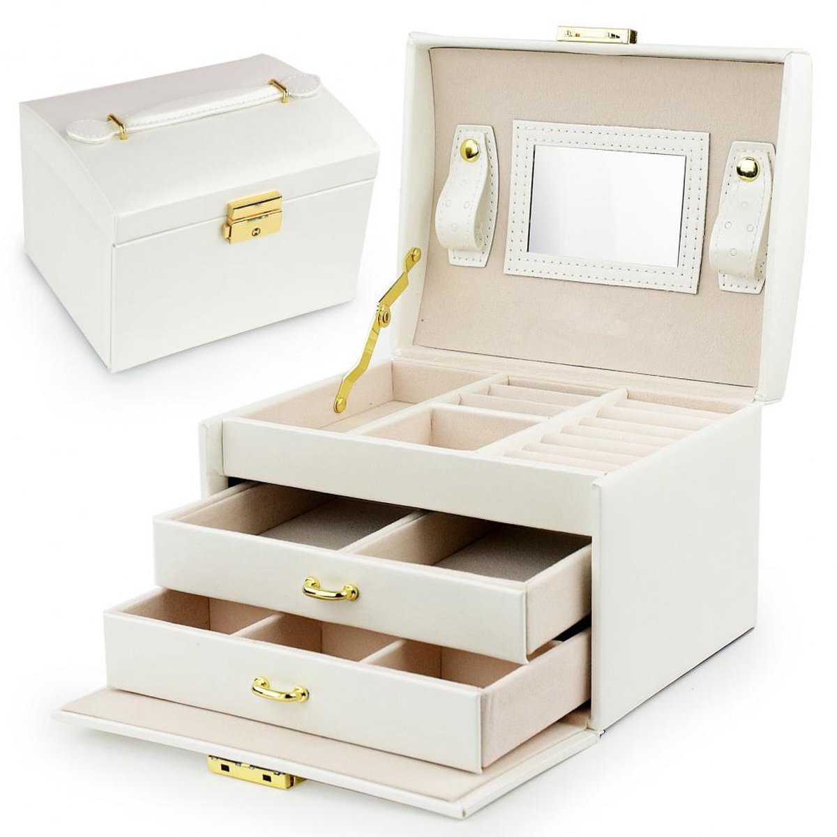 Luxe Sieradendoos - Juwelen doos voor sieraden (ring, ketting, oorbellen, horloge) – Dames bijouterie doos - Wit