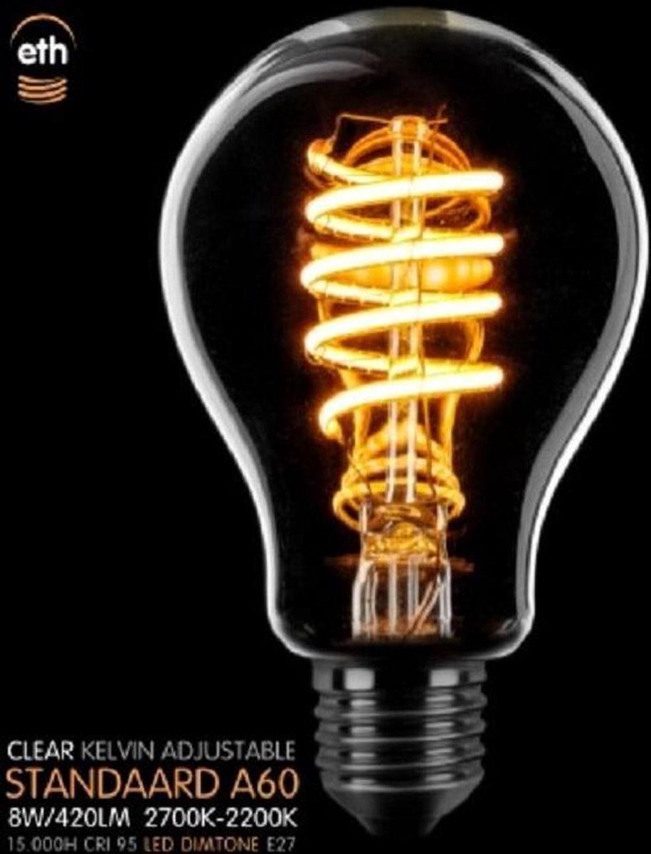 ETH Led spiraal A60 E27 8W dimtone van 2700K naar 2200K Helder
