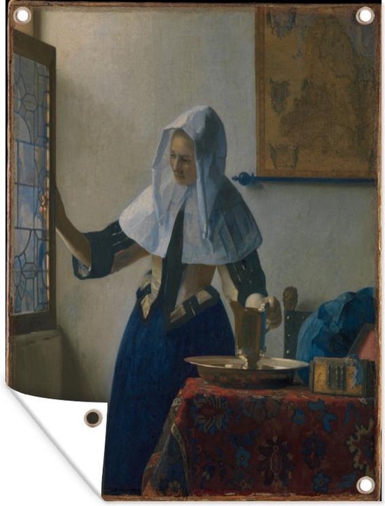Muurdecoratie buiten Vrouw met waterkan - Johannes Vermeer - 120x160 cm - Tuindoek - Buitenposter