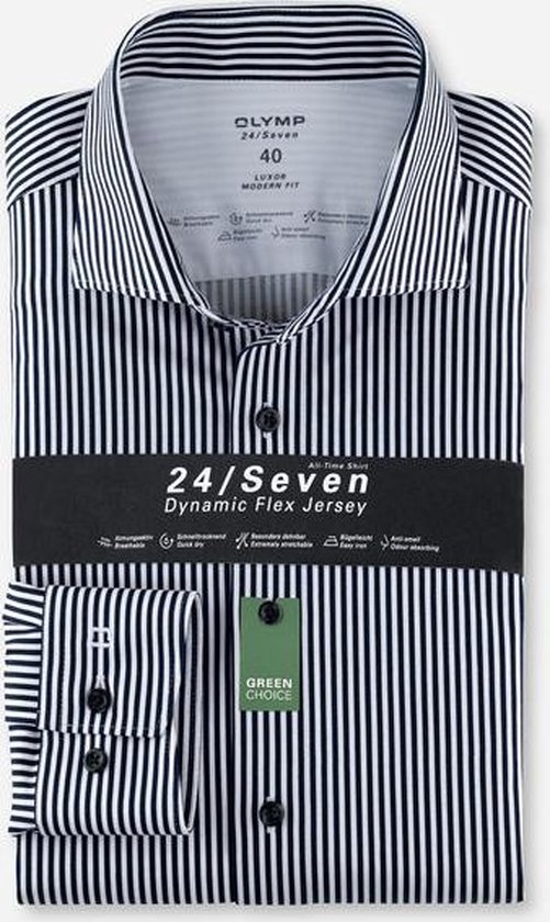 OLYMP Luxor 24/7 modern fit overhemd - tricot - marineblauw gestreept - Strijkvrij - Boordmaat: 39