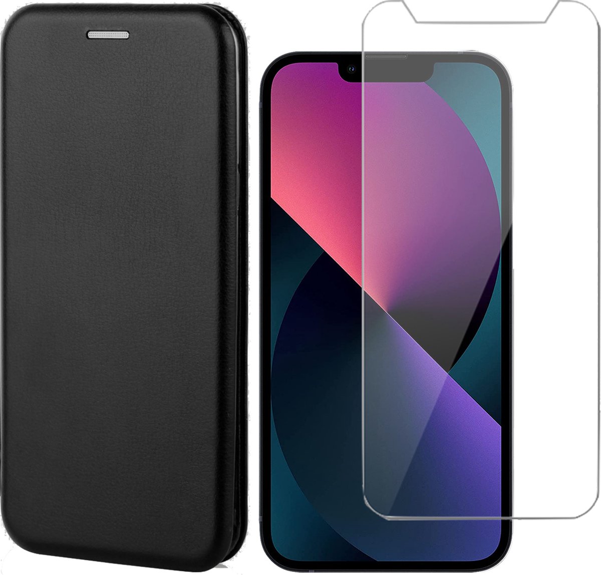 Hoesje geschikt voor iPhone 13 Mini en Screenprotector - Portemonnee Book Case - Zwart