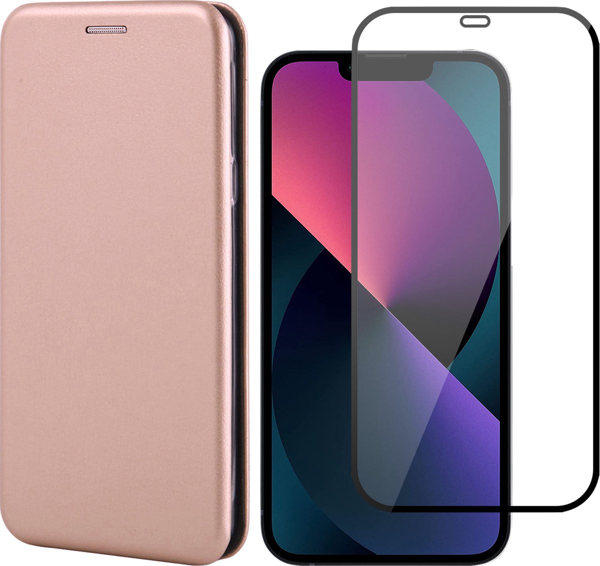 Hoesje geschikt voor iPhone 13 en Full Screenprotector - Portemonnee Book Case - Roségoud