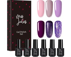 Miss Jules - 6-Delige Gellak Starterspakket - Nagellak - Kleur Paars, Lila & Glitter - HEMA & TPO Free - Glanzend & Dekkend resultaat
