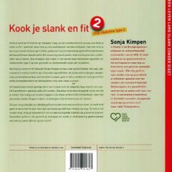 Achterkant boek "Kook je slank en fit 2" met tekst en uitgever.