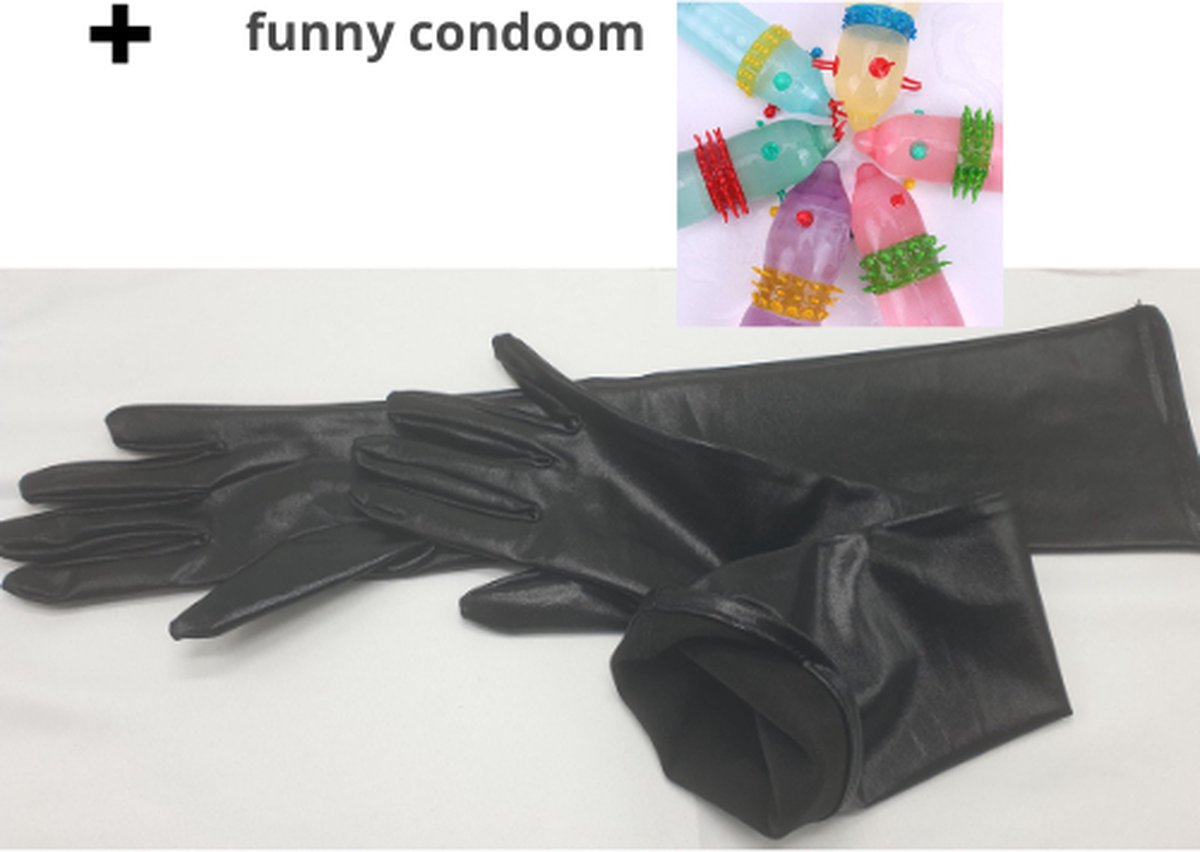 ♛Queen-Toys® Wetlook lange handschoenen - Erotische Lingerieset - Bondage handschoenen - Inclusief funny condoom - Lange handschoenen