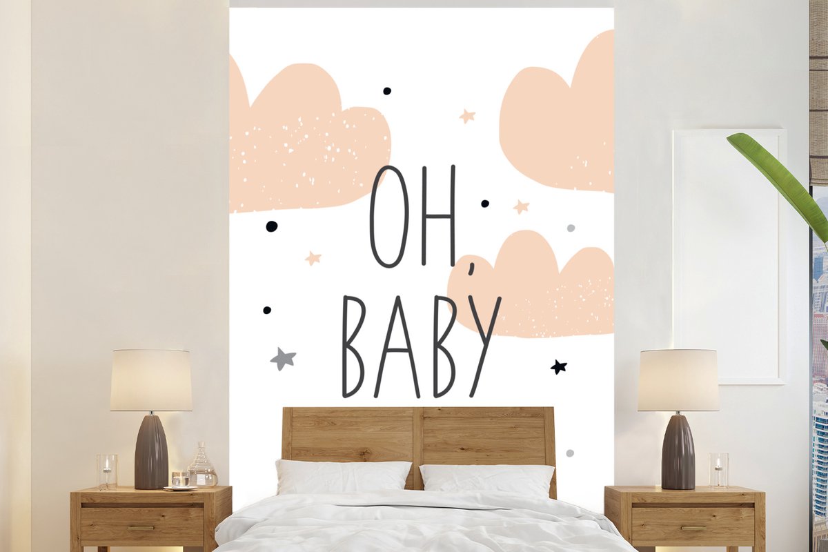 Behang - Fotobehang Illustratie met de quote Oh, baby en sterren en wolken - Breedte 195 cm x hoogte 300 cm