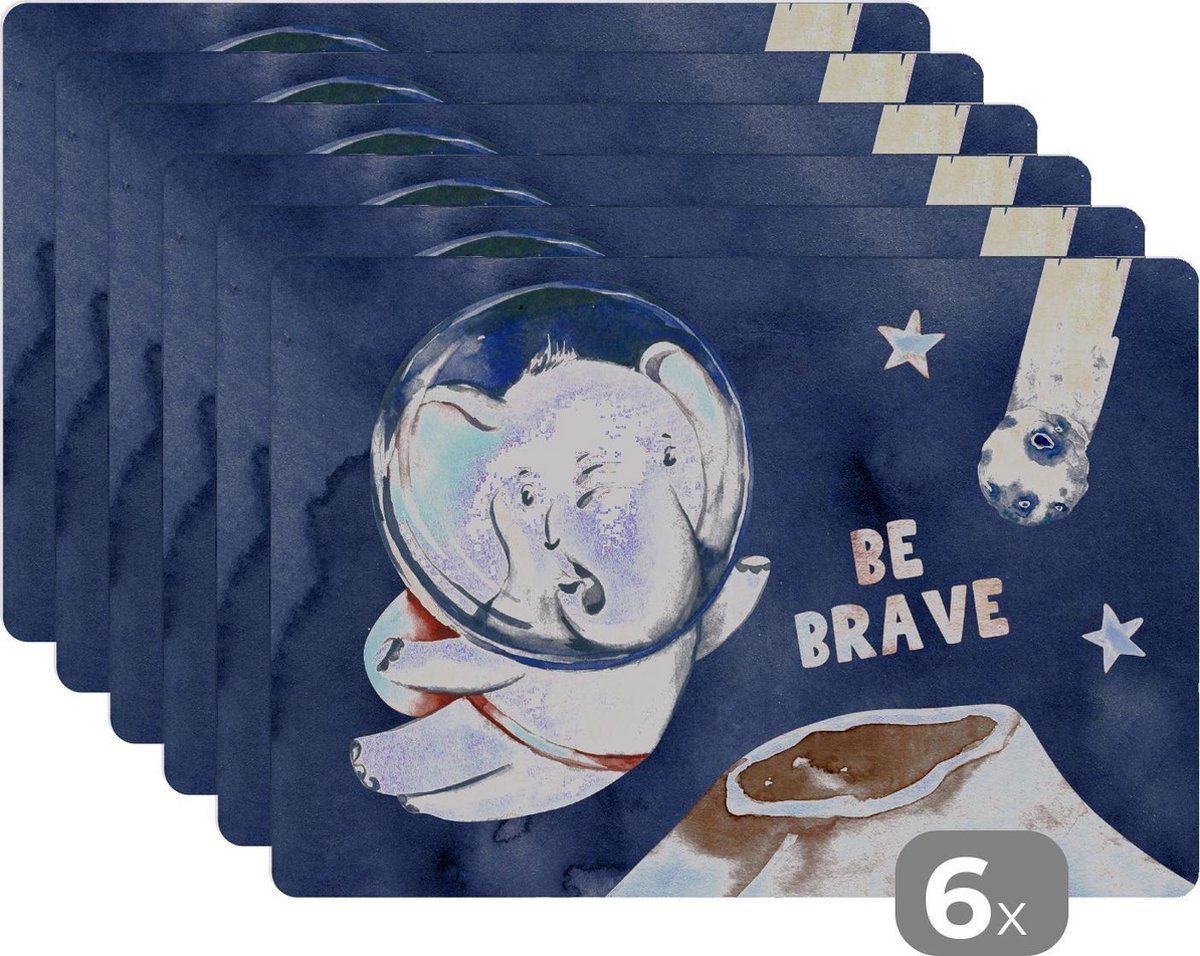 Placemat kinderen - Placemat - Placemats kunststof - 'Be brave' - Olifant - Spreuken - Quotes - Jongetje - Meisjes - Kinderen - 45x30 cm - 6 stuks - Hittebestendig - Anti-Slip - Onderlegger - Afneembaar