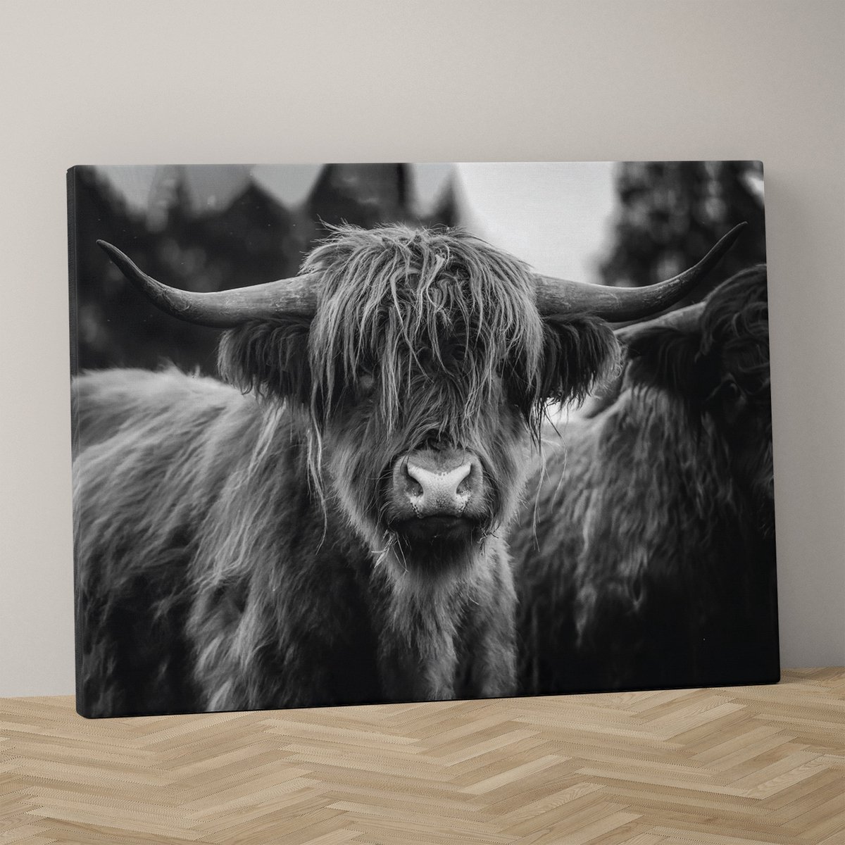 Schotse hooglander op canvas, 90x60cm in zwart wit inclusief ophangsysteem - Schotse hooglander schilderij - Schotse hooglander canvas - Schotse hooglander zwart wit - Zwart wit schilderijen - Schilderij - Muurdecoratie - Wanddecoratie