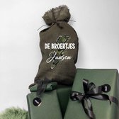 Sinterklaaszak-Jute sinterklaas zak met de broertjes en familienaam-5 en 6 december-Jute zak legergroen-pakjesavond-sinterklaas zak cadeautjes