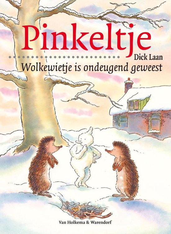 Twee egels en een sneeuwpop in de sneeuw bij een huis onder een boom. Titel 'Pinkeltje'.