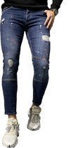 Heren jeans blauw denim - skinny fit & stretch -  oranje/witte spetters - 3068 - maat 32