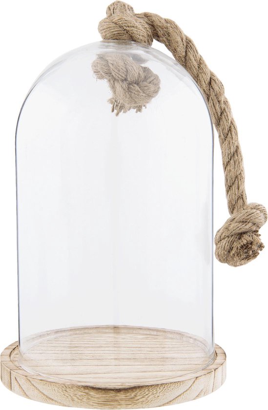 HAES DECO - Decoratieve glazen stolp met geknoopt touw, lichtbruin houten voet, diameter 17 cm en hoogte 29 cm - ST022221