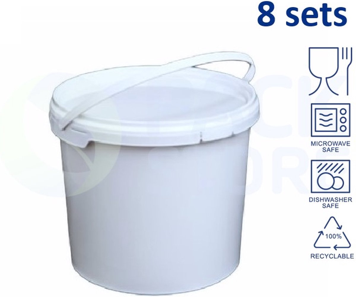 Goedkoopste 8 x ronde witte emmers met deksel - 5,5 liter met garantiesluiting - geschikt voor diepvries en vaatwasser - geschikt voor food & non-food - geproduceerd in Nederland