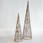 Set van 2 conen / kerstbomen met LED verlichting - Champagne / Zilver - ø 16 x 60 cm (Grootste coon)