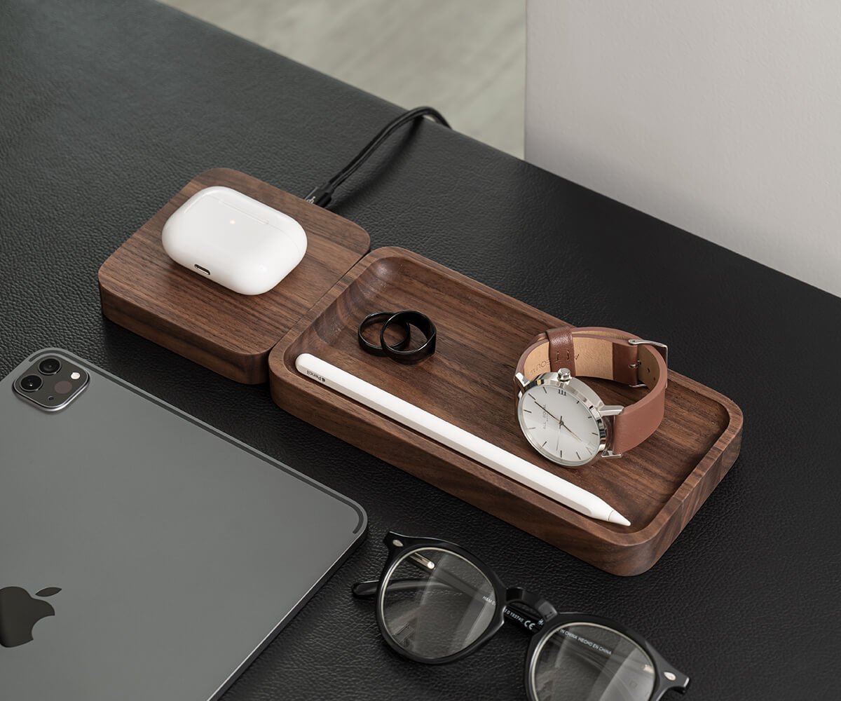 Oakywood OakyBlocks Charging Pad - Massief Walnotenhout - Draadloze OPlader voor Modulaire Bureau Organiser — cadeau in Wonen & Interieur - foto 5