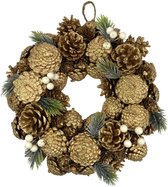 Kerstkrans - gouden dennenappels | ø 30 cm | Decoratieve krans vervaardigd uit dennenappels en gouden bessen | goud/paars