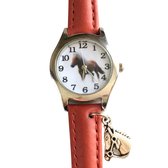Horloge- Paard met bedel- Leer-Rood- Extra batterij- Charme Bijoux