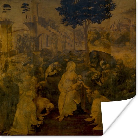 Aanbidding door de Wijzen - Leonardo da Vinci poster papier 100x100 cm - Foto print op Poster (wanddecoratie woonkamer / slaapkamer)