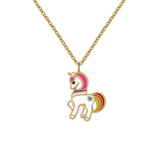 Gouden ketting met een witte eenhoorn hanger. De eenhoorn heeft een roze manen, een paarse oog en een blauw hartje op de flank.