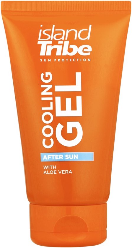 Orange tube 'Island Tribe Cooling Gel' after sun with aloe vera.