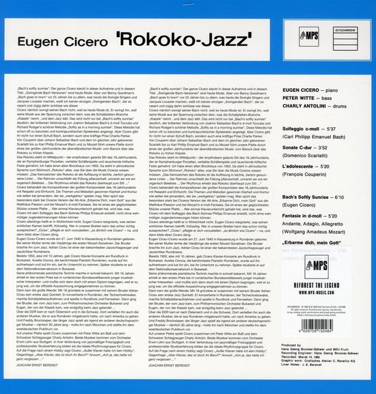 Boekje met de titel 'Eugen Cicero - Rokoko-Jazz'. Met daarin informatie over de artiest en de muziek. Met de logo's van Brilliant Classics en MPS.