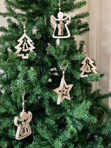 Kerstdecoratie 12 stuks XXL - 14x11x2 cm - hout kerstster - kerst engel - kerstboom - gouden glitter kersthanger - set van 12 - kerst slinger set van 12 - houten kerst decoratie -