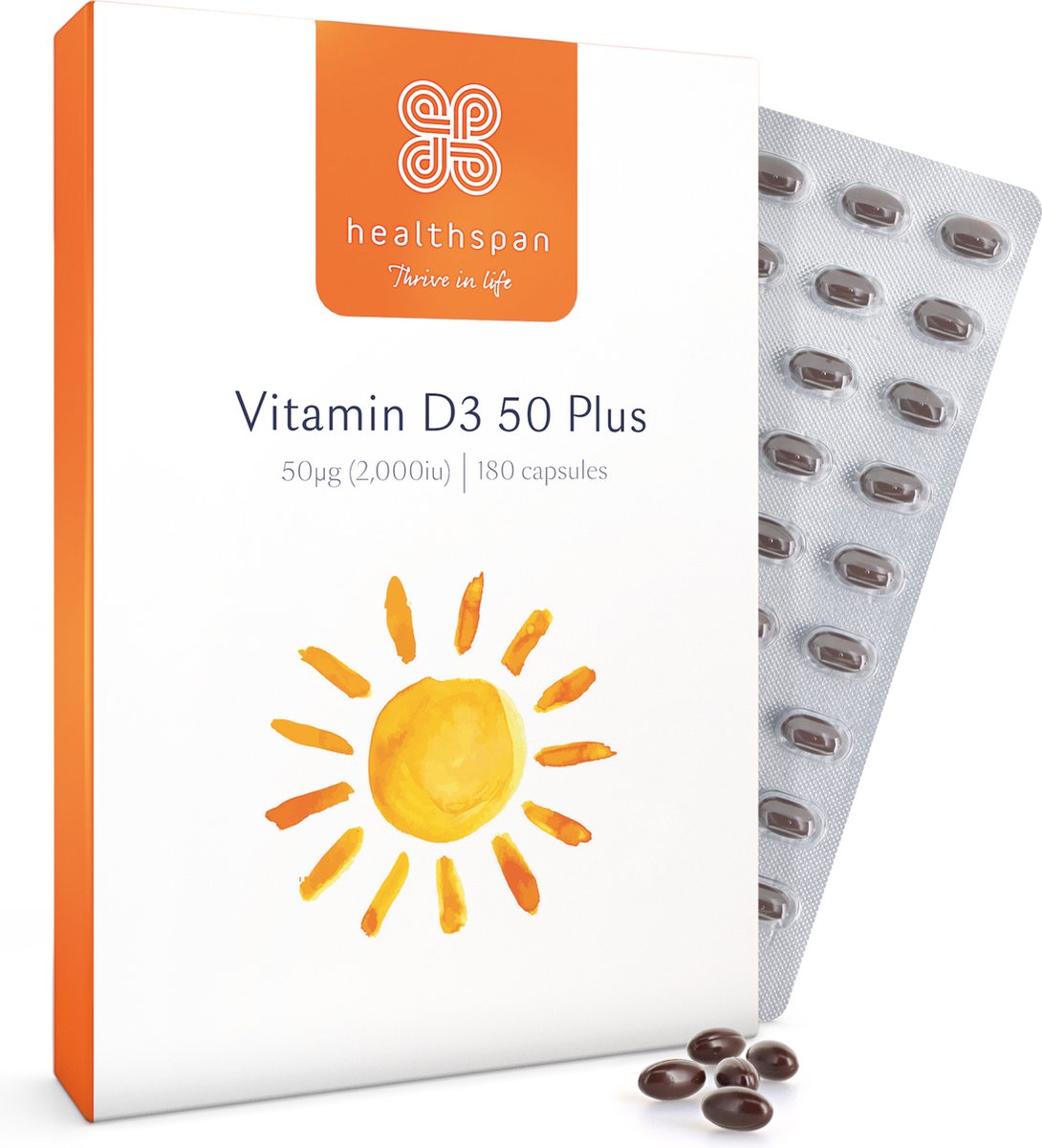 Healthspan Vitamine D3 50 Plus | 180 capsules | 50ug (2.000iu) vitamine D3 | Zeer opneembaar | Ondersteunt de immuungezondheid | Houdt botten, tanden & spieren gezond | Pepermuntsmaak | Vegetarisch