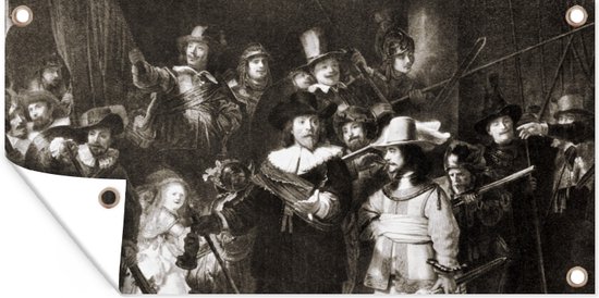 Tuinposter De Nachtwacht in zwart-wit - Schilderij van Rembrandt van Rijn - 80x40 cm - Wanddecoratie Buiten - Tuinposter - Tuindoek - Schuttingposter - Tuinschilderij