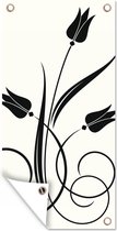 Tuinposter Een illustratie van zwarte tulpen op een witte achtergrond - 40x80 cm - Wanddecoratie Buiten - Tuinposter - Tuindoek - Schuttingposter - Tuinschilderij