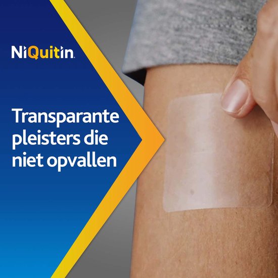 Transparante NiQuitin pleisters die niet opvallen, aangebracht op een arm.