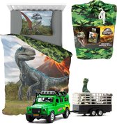 Jurassic World Dino Dekbedovertrek- 140x200- Polyester- 1persoons- Dinosaurus- incl. Dino Transport Speelset- Auto.