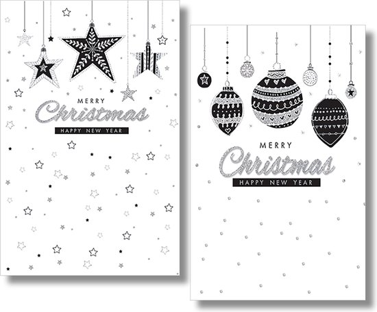 Twee zwart-wit kerstkaarten met glimmende sterren en kerstballen, "Merry Christmas Happy New Year".