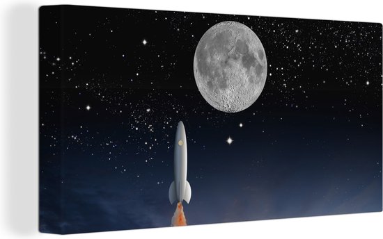 Tableau sur toile Un dessin de la navette spatiale et de la pleine lune - 40x20 cm - Décoration murale Art