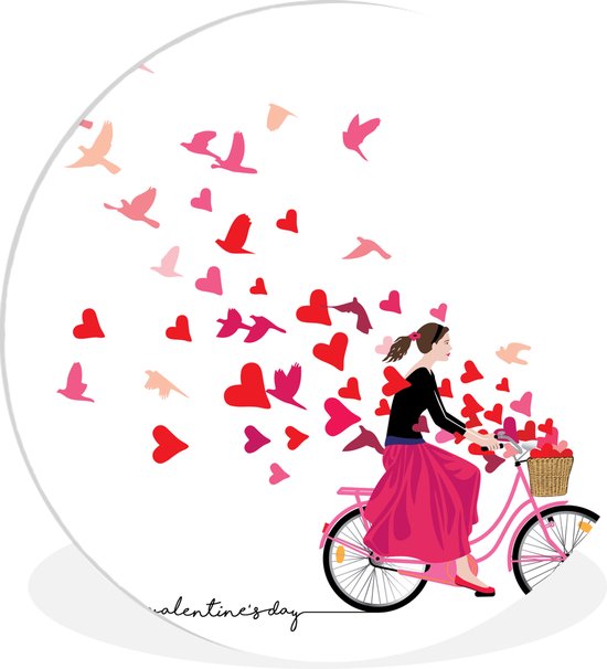 Wandcirkel - Kunststof - een vrouw op de fiets met een mand vol hartjes - ⌀