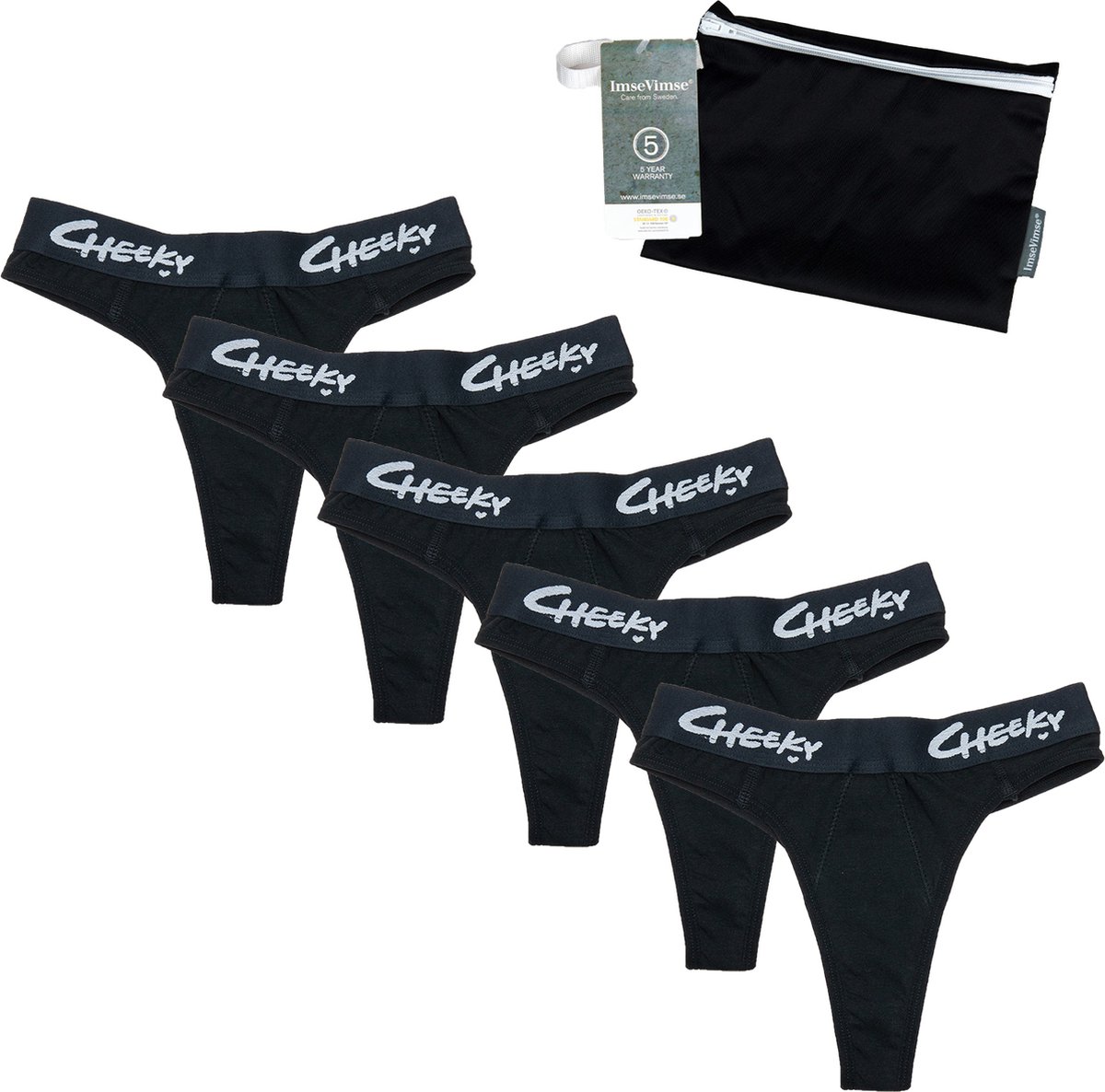 Cheeky Pants Feeling Limitless - Set van 5 + Wetbag - Maat 44 - Zwart - Cheeky Pants Menstruatieondergoed - Zero waste product - Absorberend - Comfortabel
