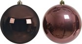 Kerstversieringen set van 2x grote kunststof kerstballen oudroze en donkerbruin 20 cm glans