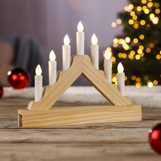 Houten kaarsenbrug met Led verlichting warm wit 7 lampjes 21 cm