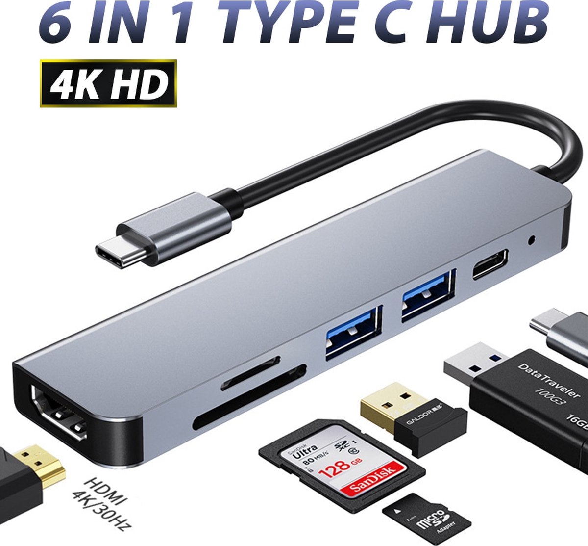 Originele Eisen USB C HUB 6 in 1 - met/naar HDMI 4K, 2x USB 3.0 (Thunderbolt), USB C opladen, Micro/SD card reader Hub | Geschikt voor Apple Macbook Pro, Air, Lenovo, Samsung, Asus, Acer, HP en Dell.