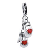 Tracelet - Zilveren bedels - Bedel Wantjes | Met rode hartjes | 925 Sterling Zilver - Pandora compatible - Met 925 Zilver Certificaat - In Leuke cadeauverpakking - Valentijn tip