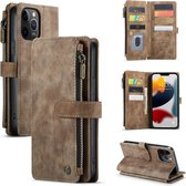 CaseMe - Telefoonhoesje geschikt voor iPhone 12 Pro Max - Wallet Book Case met ritssluiting - Magneetsluiting - Bruin
