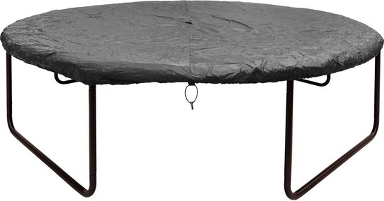 Grijze trampolinehoes met een lus voor bevestiging, over een ronde trampoline met metalen frame.