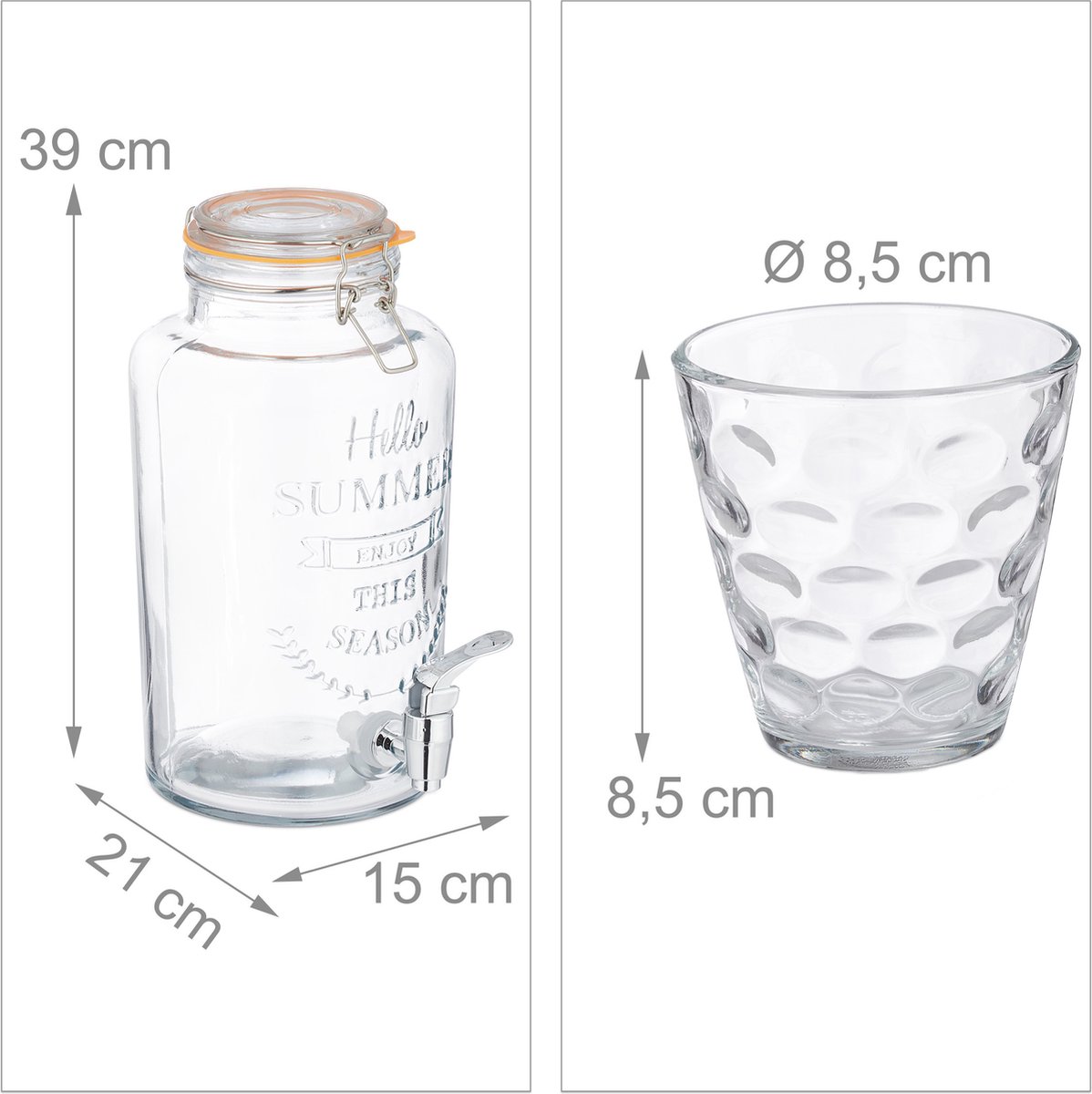 Relaxdays drankdispenser met houder 8 liter glas kraantje handgrepen Relaxdays drankdispenser met houder 8 liter glas kraantje handgrepen