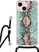 iPhone 13 hoesje met koord - Slangenprint pastel mint | Apple iPhone 13 crossbody case | Zwart, Transparant | Slangenprint