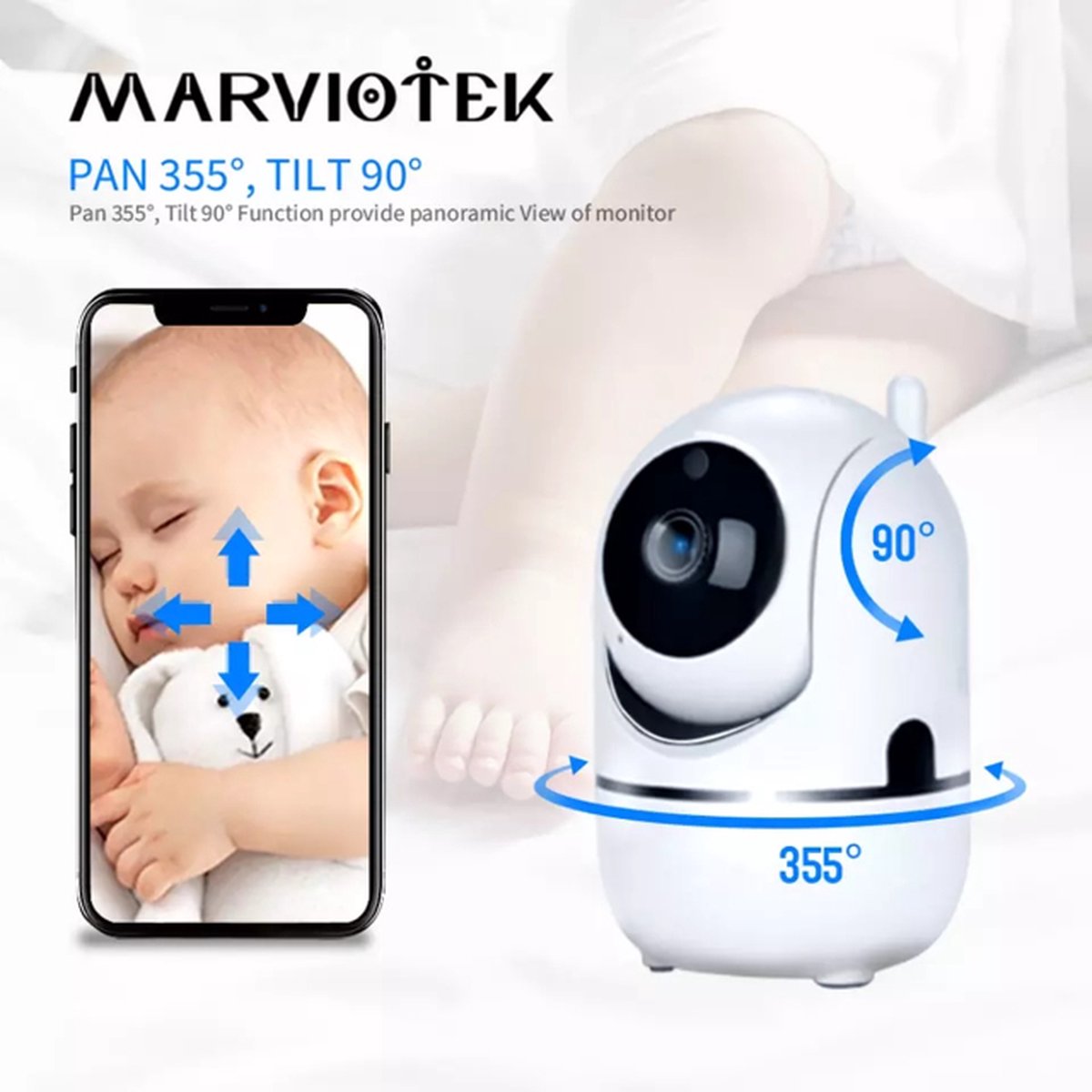 Babyfoon met camera - 1080P WIFI Smart Camera - Beveiligingscamera - HD Night Vision - Bewegingsdetectie – Spraakfunctie - 360° Draaibaar