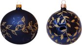 Feestelijk, Blauwe, Kerstballen met Gouden Blaadjes Design en Bevroren Blaadjes Patroon - Doosje van zes kerstballen van 8 cm