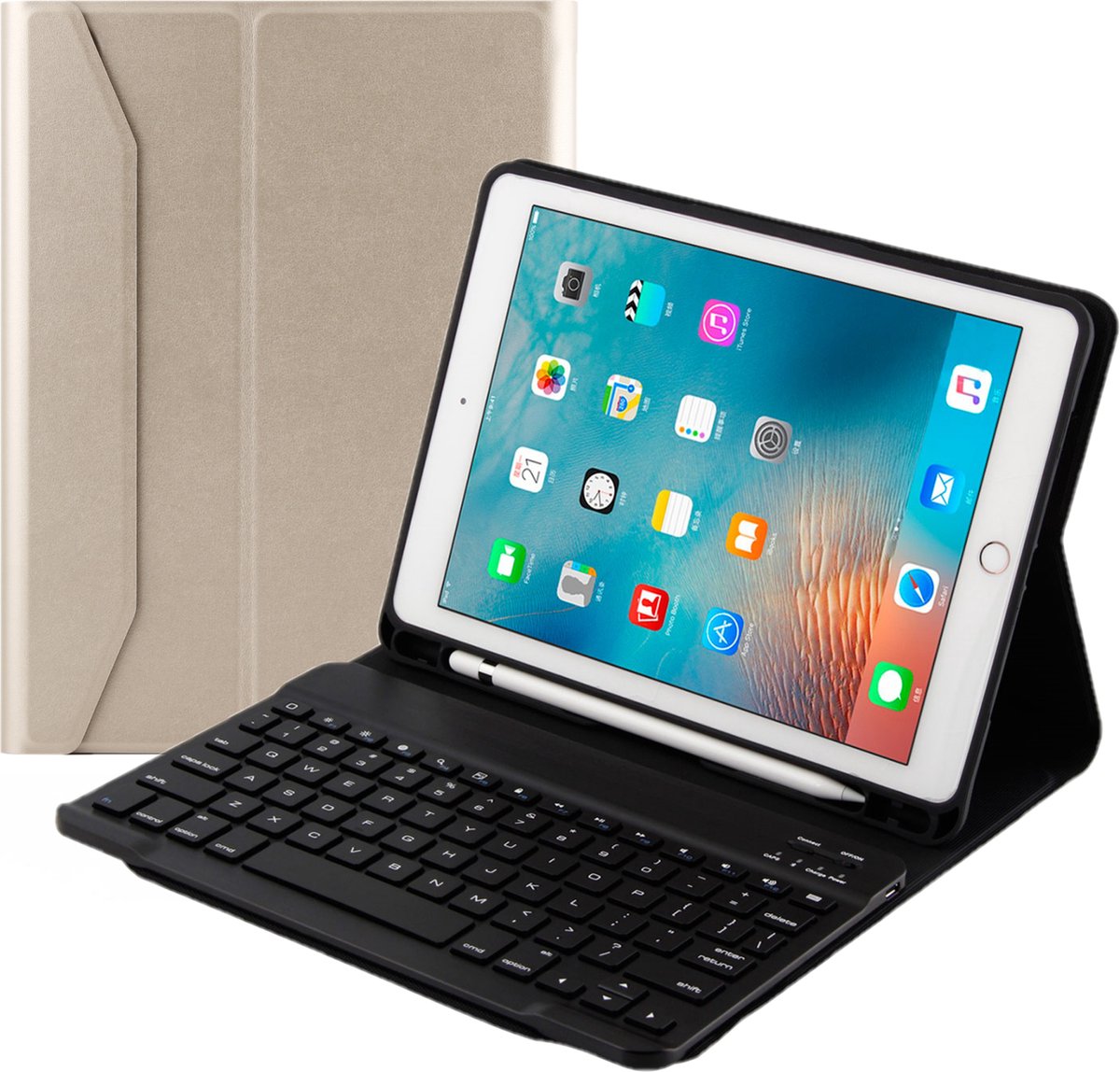 iPad 2017 Toetsenbord Hoes - iPad 5 Keyboard Case - Apple iPad 9.7 Smart Book Cover - Met Uitsparing Apple Pencil - Bluetooth Toetsenbord Hoesje - Goud
