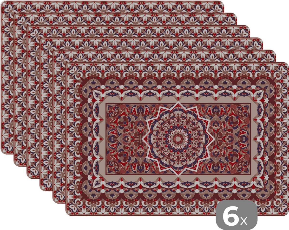 Placemat - Placemats kunststof - Perzisch Tapijt - Vloerkleed - Mandala - Rood - 45x30 cm - 6 stuks - Hittebestendig - Anti-Slip - Onderlegger - Afneembaar