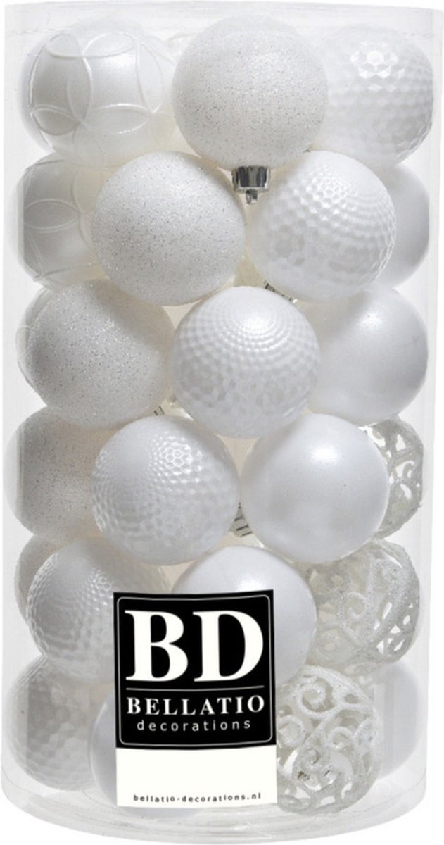 37x stuks kunststof/plastic kerstballen wit 6 glans/mat/glitter mix - Onbreekbaar -... | bol.com